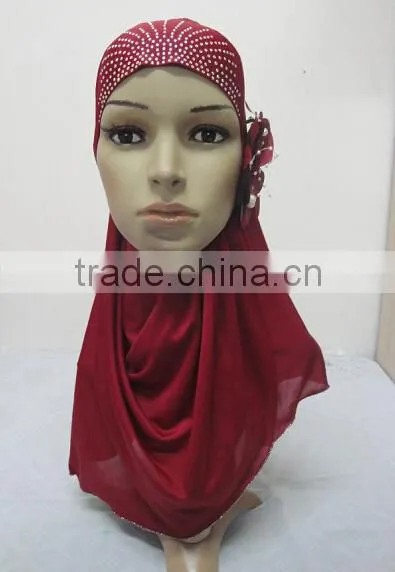 H289 latest one piece instant hijab with flower and rhinestones