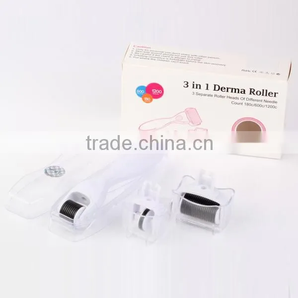 2015 Newest 3 IN 1 Derma Roller with 3 Separate Roller Heads of Different Needle Count 180/600/1200 needles for eye+face+body