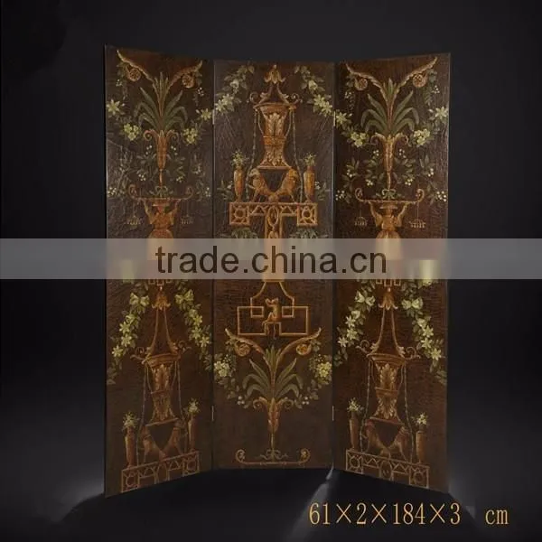 Traditional Hand Painting Three Door Folding Screen, Retro Furniture Decorative Wooden Floor Screen With Crackle