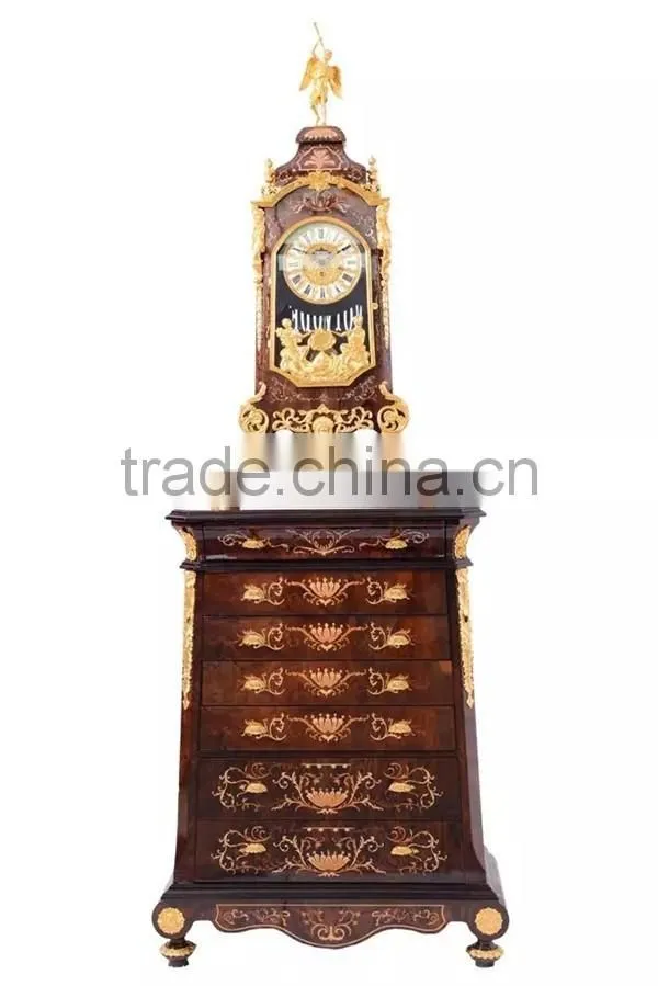 Home Decortive Brass Inlaid Clock With Wooden Chest of Drawers, Antique Table clock With Cabinet, Gold & Red Antique Floor Clock
