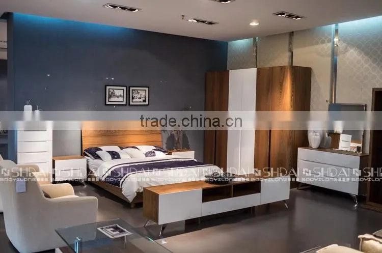 2016 NEW Walnut Color White Headboard Wood Double Bed Designs With Box Storage B-825L