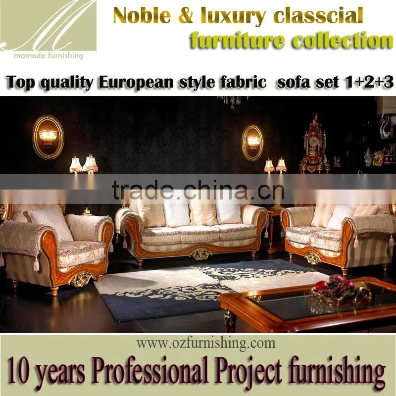 YB56 Foshan Shunde Furniture , Classic Gold leaf finshing fabric sofa for Villa, Royal hardwood sofa