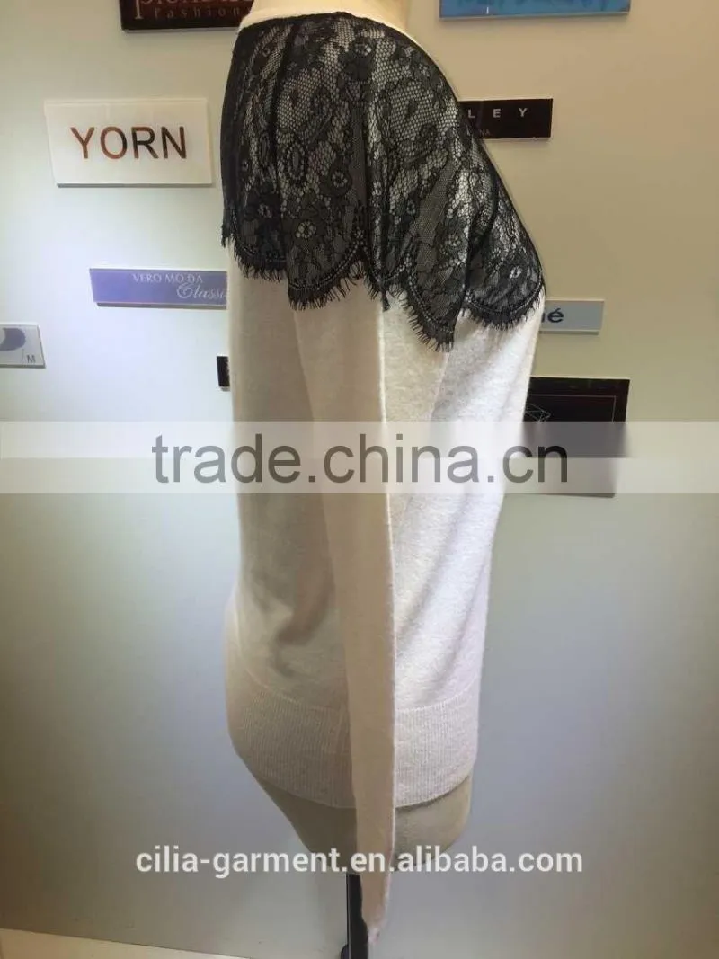 2015 new fashion young lady sweater with lace