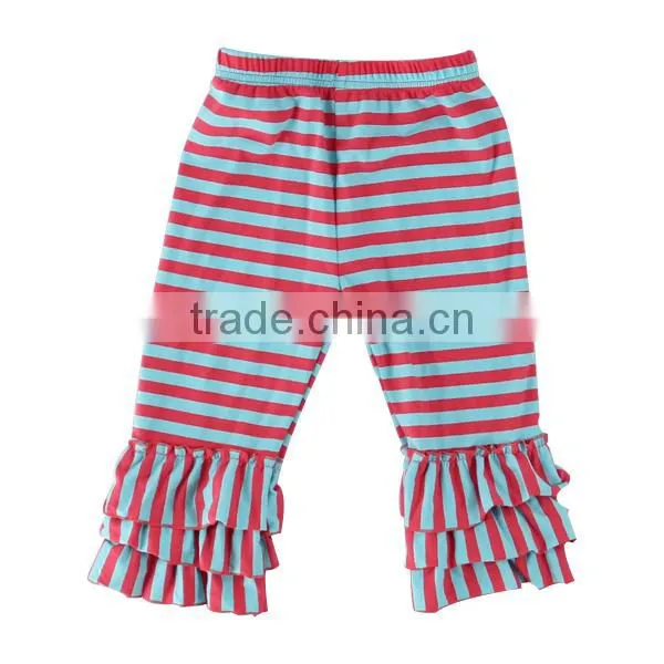 2017 childrens boutique clothing stripe kids capri girl triple ruffle pants