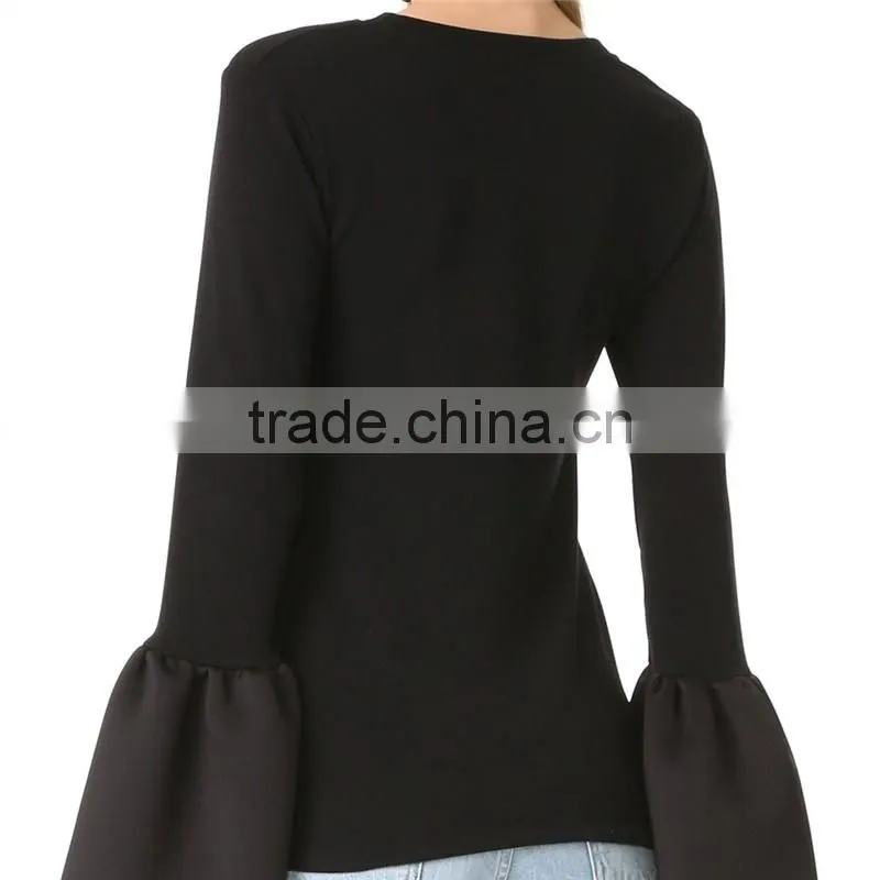 2017 OEM Banded Crew Neckline Flounced Cuffs Feminine Blouses