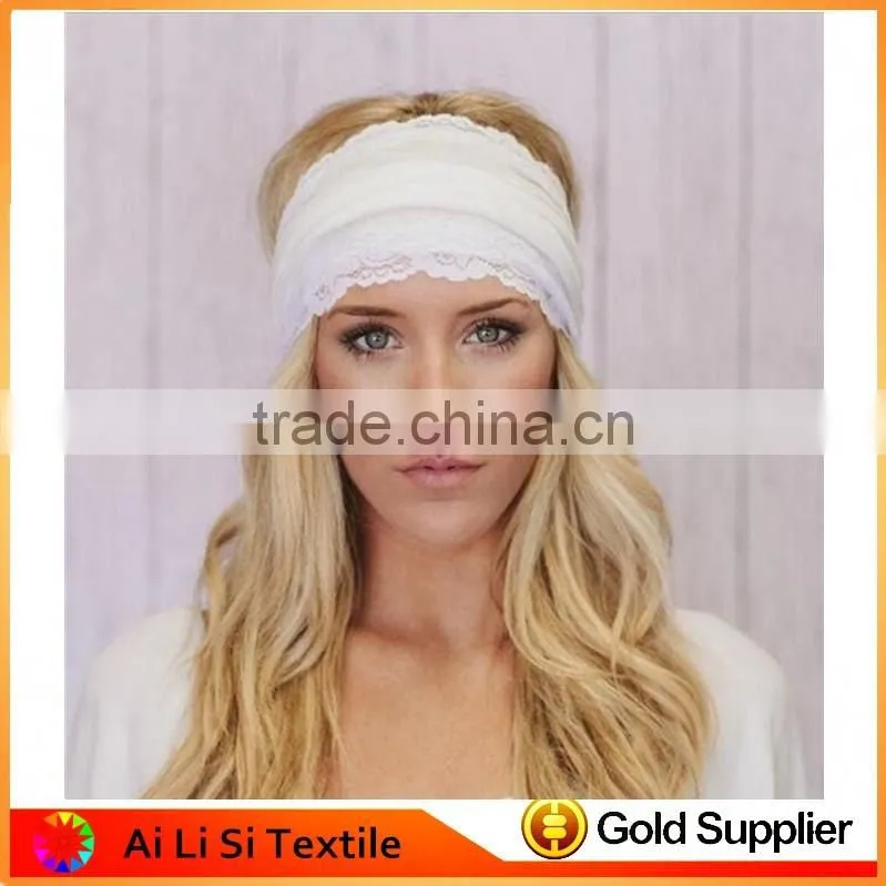 Grils Colored Lace Elastic Wide Headband Hair Band,Woman BOHO Bohemian Lace Headbands ,Wide Lace Hair Band