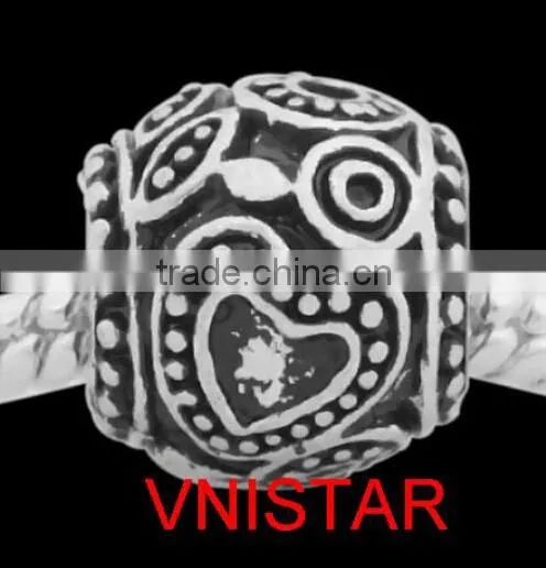 Vnisatr antique silver&silver plated large hole barrel shaped bead, heart pattern carved large hole bead for bracelet PBD1532
