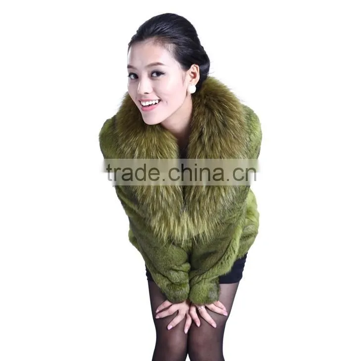 QD5728 Hot Selling Colorful Rabbit fur Coat With Raccoon Collar For Wholesale