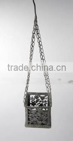 100399MC- hanging square metal candle lantern w/chain
