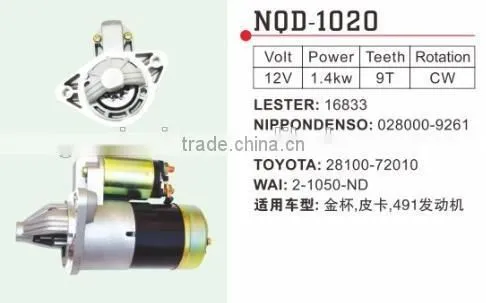 Auto Starter motor for 491 engine 16833 toyota 28100-72010 2-1050-ND 02800-9261