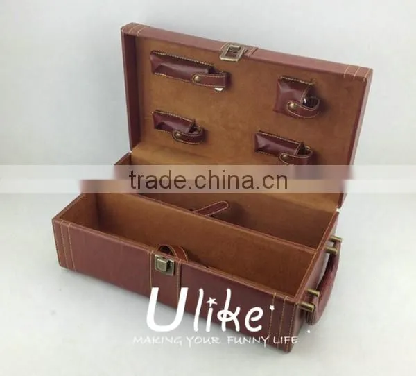 Hot Sell Fashion PU Leather Wine Gift Package With Handle leather wine box package for three bottles with wine accessories