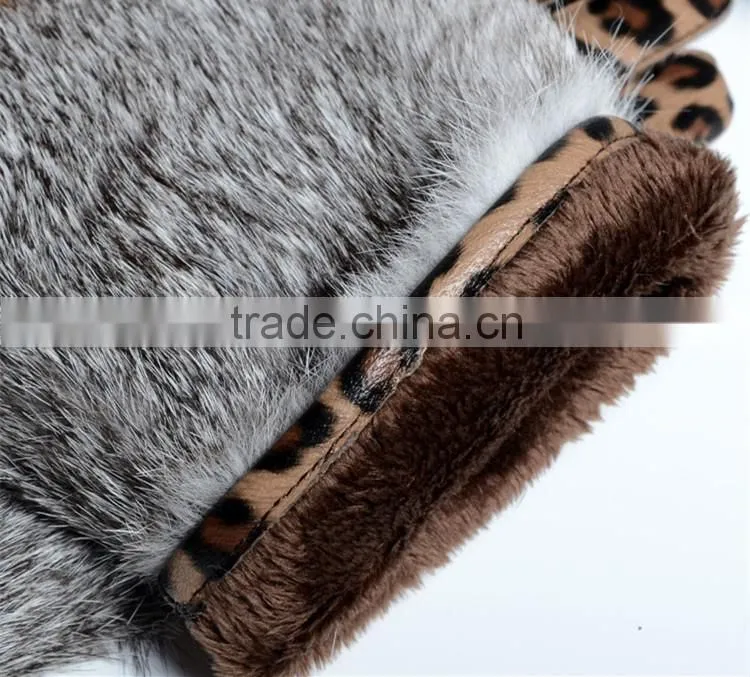 Cool Leopard Design Suede Leather Mittens Rabbit Fur Coverd Wrist Ladies Fashion