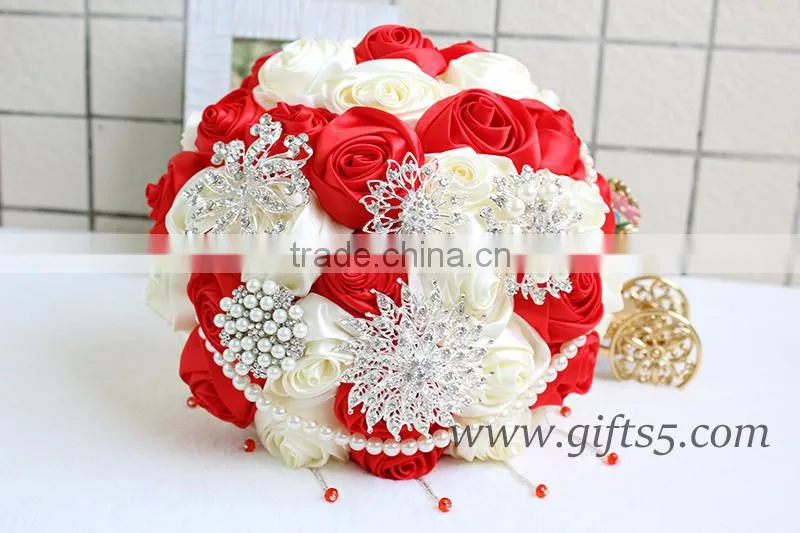 2016 new design Wedding Bouquet, Silver and Ivory Brooch Bouquet, red and white satin rose wedding bouquet