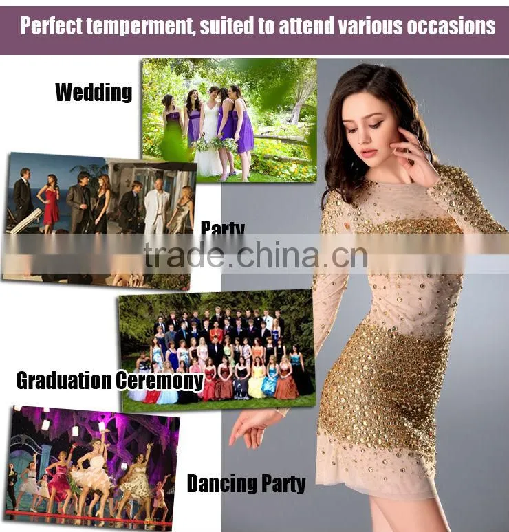 Stunning sexy heavy beaded long sleeve knee length round neck elegant yellow gold bridesmaid dresses