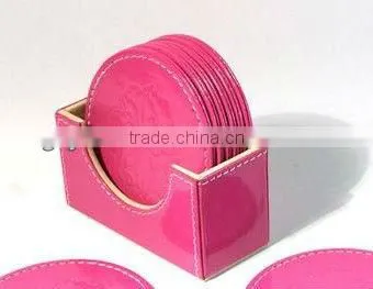 promotional black debossed round pu leather coaster
