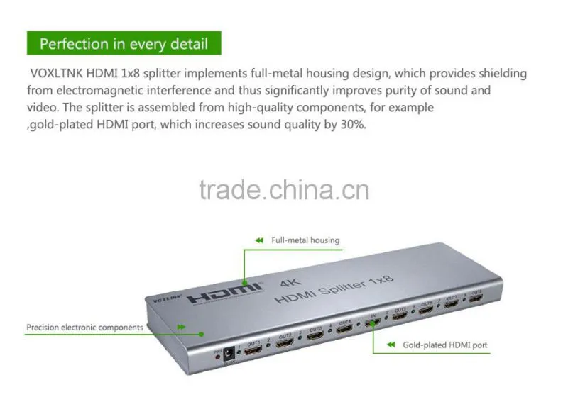 VOXLINK 1x8 HDMI splitter 4K(HDMI 1.4,HDCP1.4 ,4K,IR extension, EDID management, RS232) EU/US/UK/AU