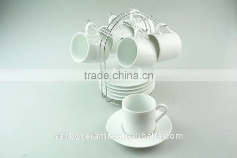 Bulk Stock High White 6pcs Ceramic Cup and 6pcs Saucer Rack with metal Rack