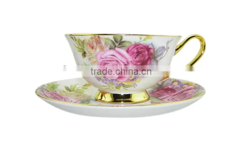 High Quality 200ml Bone China European Style Flower Pattern Coffee Mug with Saucer Set for Valentines Gift