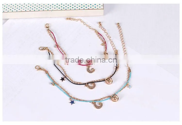 goldfill round smiling face charm bracelet tiny rhinestone charm bracelet colorful rope gold chain layered bracelet