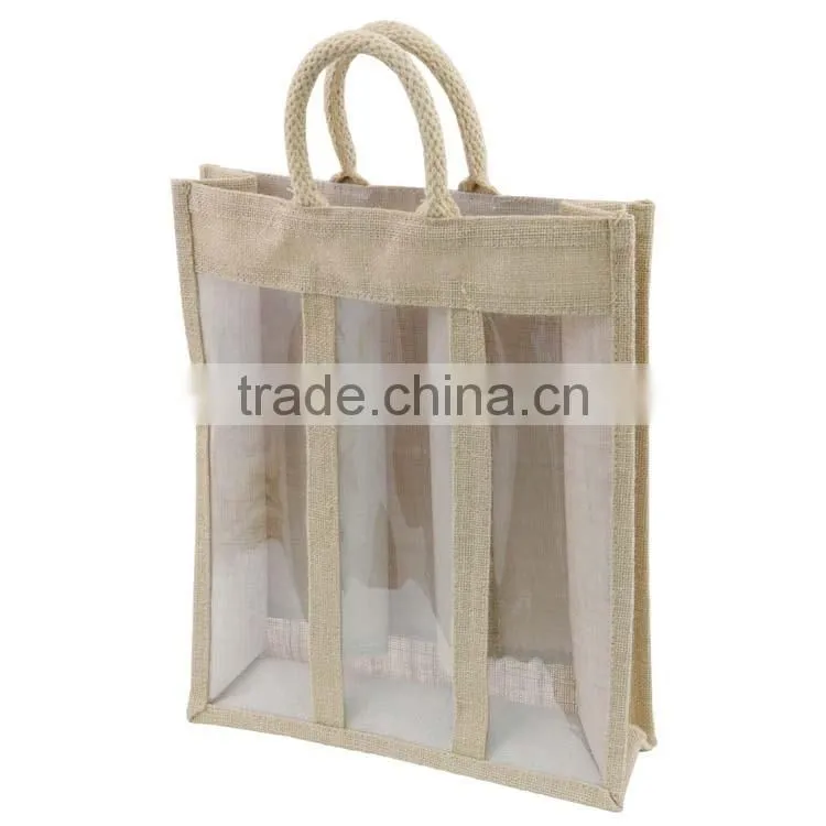 Clear jute bag with window/small jute wine bag with cotton material handle