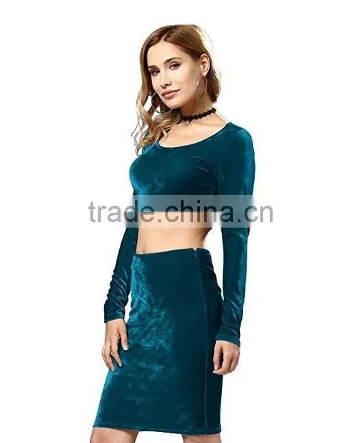Dropshipping Apparel 2017 Latest Fashion Women's Pleuche Sexy Bodycon Crop Top Midi Skirt Dress 2 Piece Outfit Set