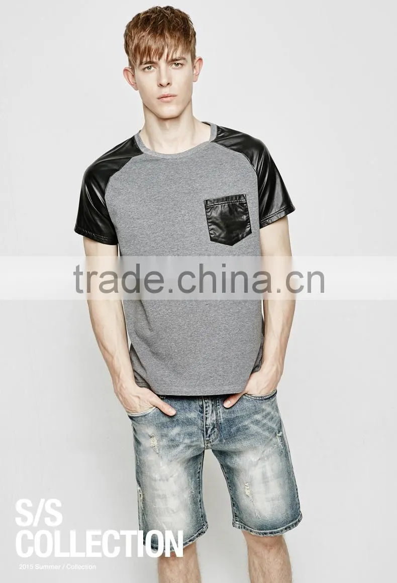 Pure cotton leather sleeve t shirts with pocket PU T-shirt Casual T-shirt