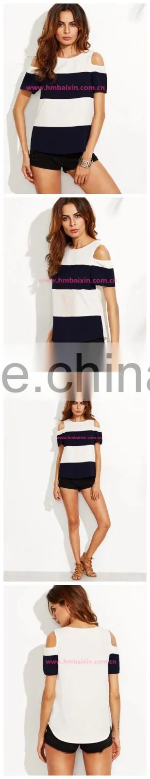 APPAREL Color Block Open Shoulder T-shirt LINEN T SHIRT