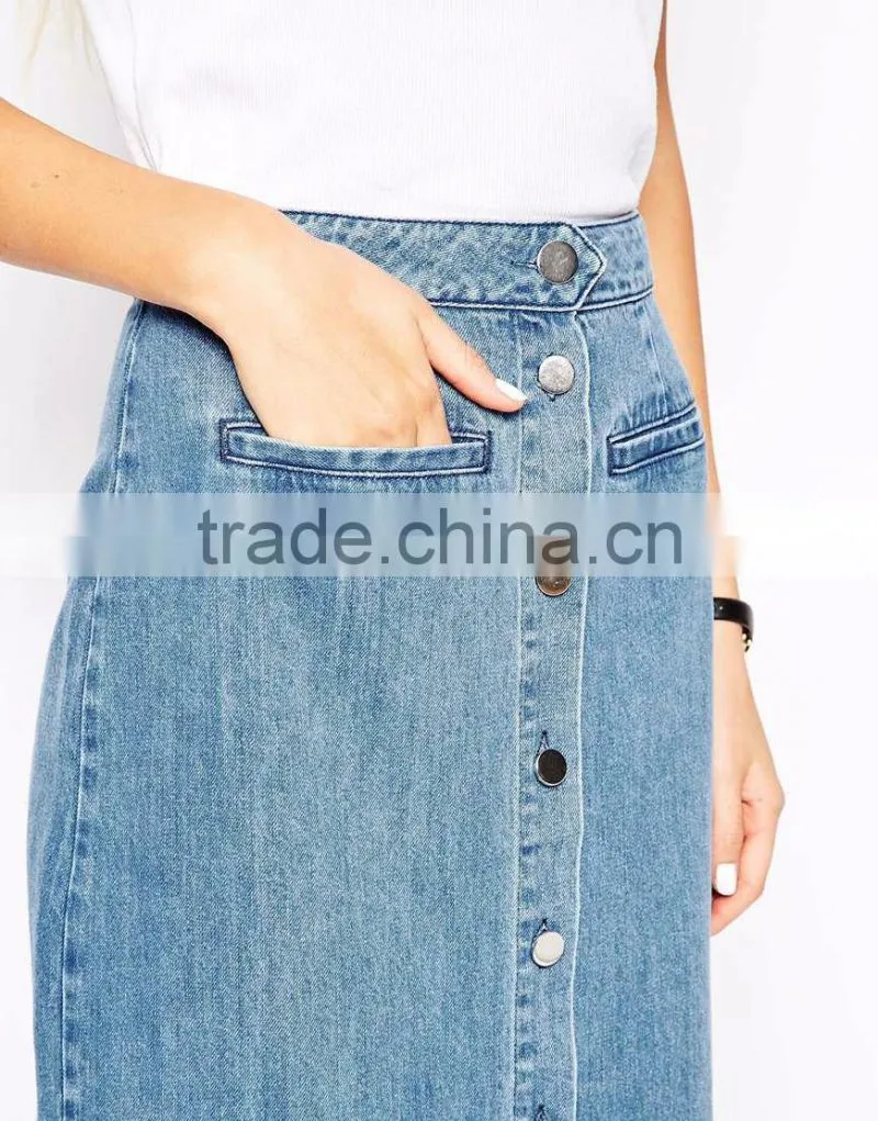 New arrival button front ladies denim skirt wholesale jean maxi skirts 2015