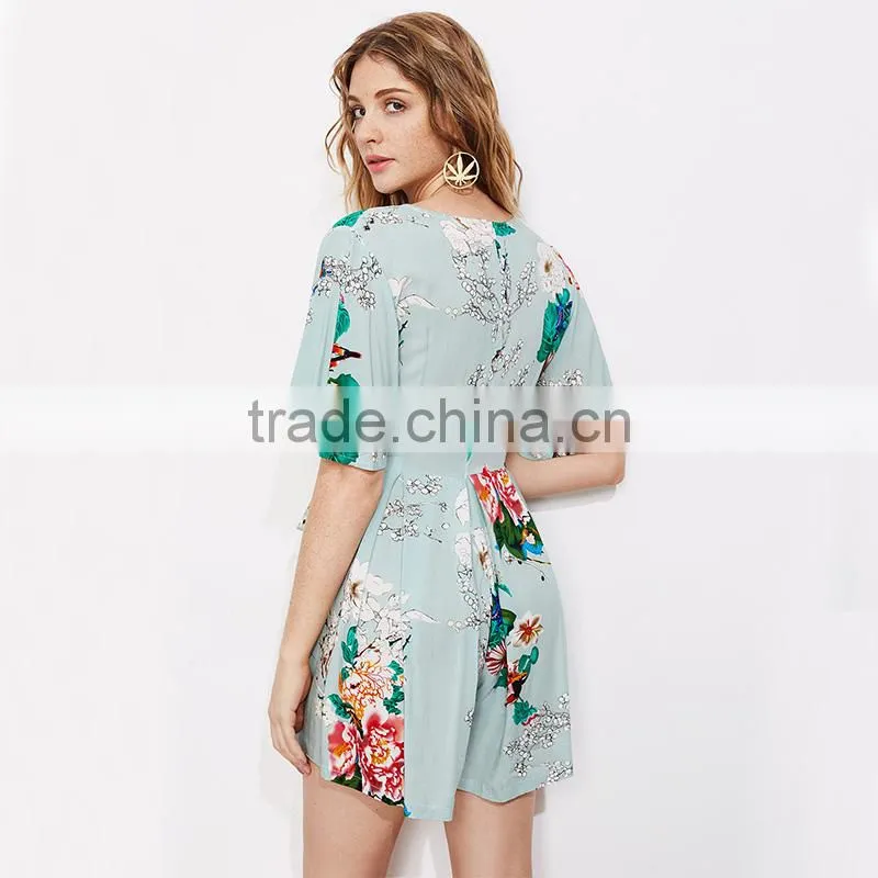Rayon floral print ladies romper, deep V-neck sexy half sleeves romper