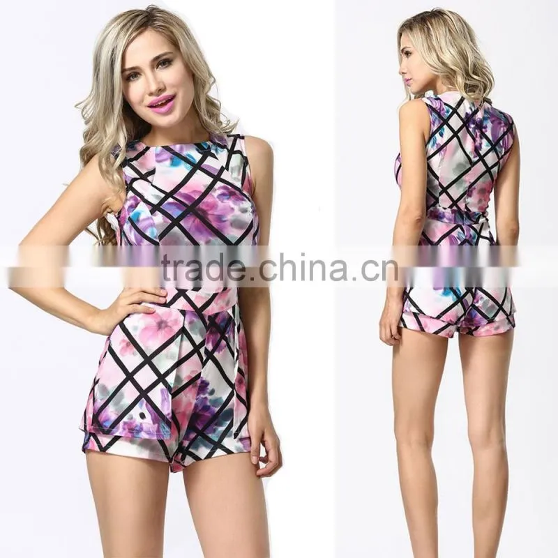 Fashion sleeveless adult casual jumpsuits rompers women stylish floral romper for sale