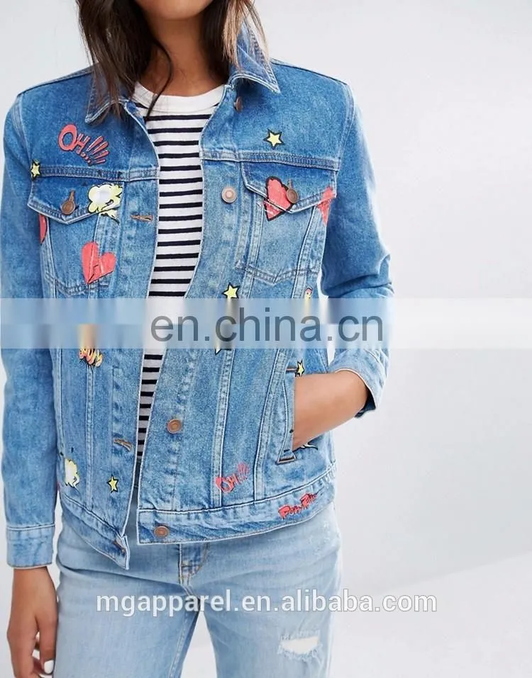 New design 100% Cotton jeans jacket women Badge Detail jean jacket wholesale