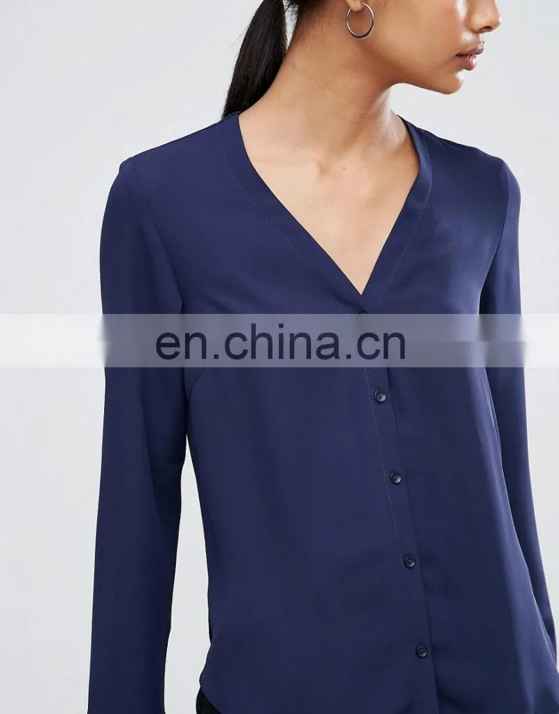 2017 Women's Newest Design OEM Blouse V- Neck Chiffon Blouse Wholesale