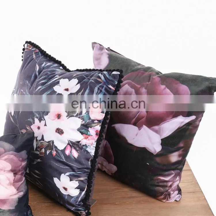 3D flower colorful printed decorative pompom linen square cushions cushion for chair sofa