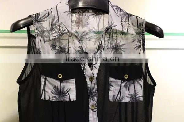 fashion style model design coconut tree printed black and white sleeveless chiffon blouse