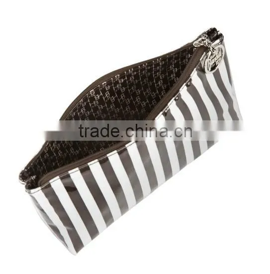 Cotton twill under durable printed vinyl brown&white stripes cosmetic bag