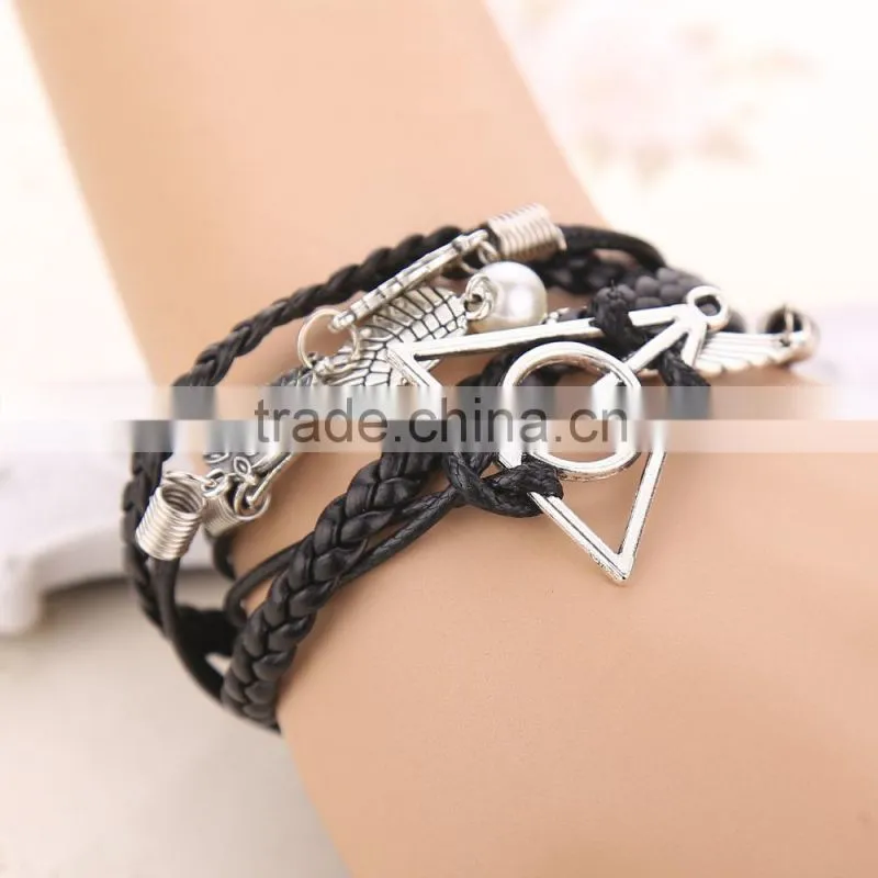 2015 new desigh women and mens leather alloy bracelet layered men leather bracelet