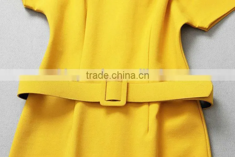 Hot Selling Fashion Causal Yellow Dress with belt for ladies