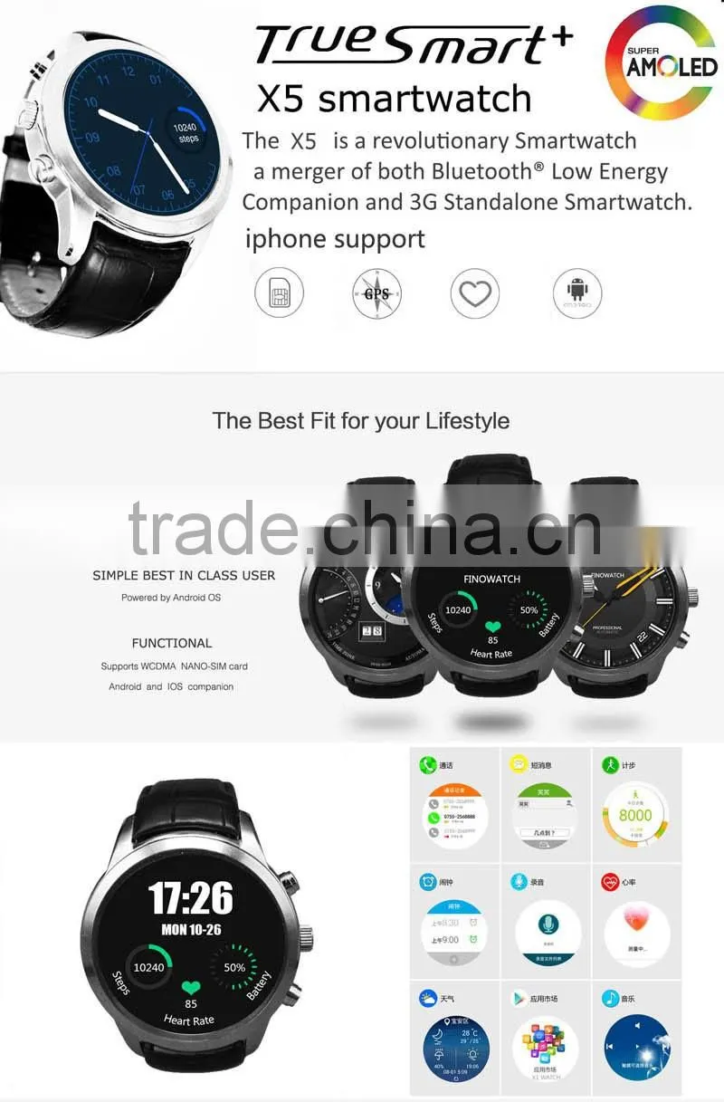 X5 Amoled screen 1.4" dual bluetooth 2.1/4.0 android 4.4 OS MTK6572 low cost 3G smartwatch