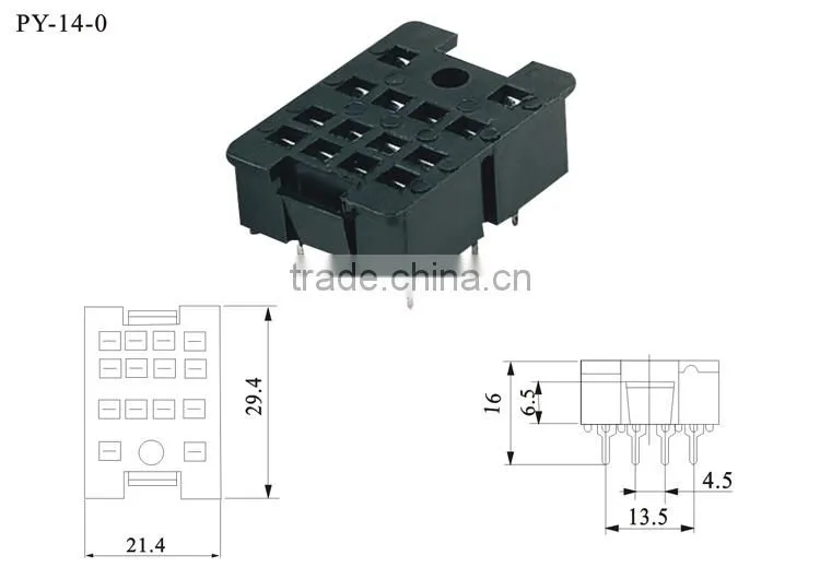PY-14-0 General Miniature Black Color 300V 7A 14 Pins Electro-magnetic Industrial Relay Socket with CE