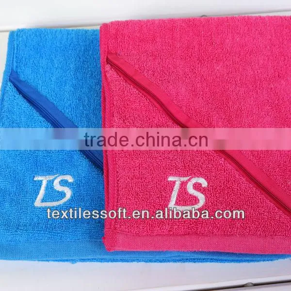 wholesale 100% cotton plain soft zip pocket custom embroidery logo promotional sport towel