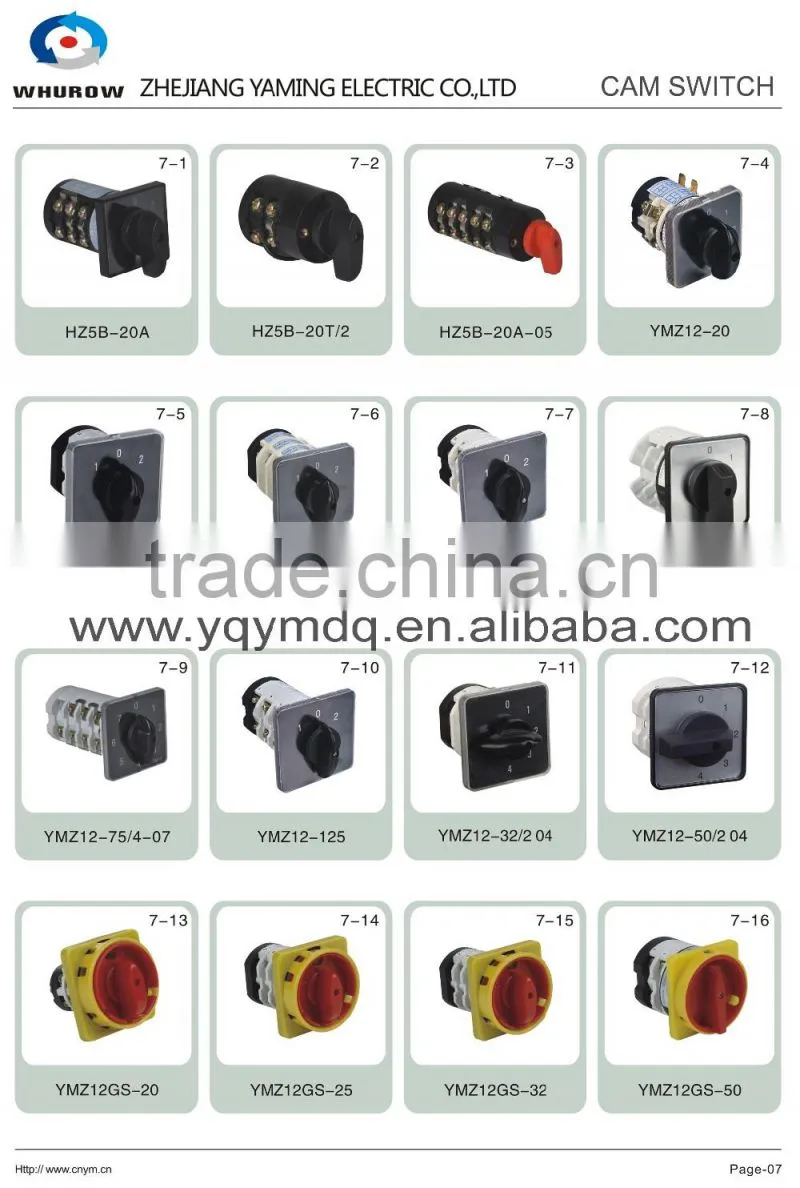 Cam switch YMZ12 series white black changeover combination rotary switch 0-8 positions 16-125A Ui 690V sliver point contacts