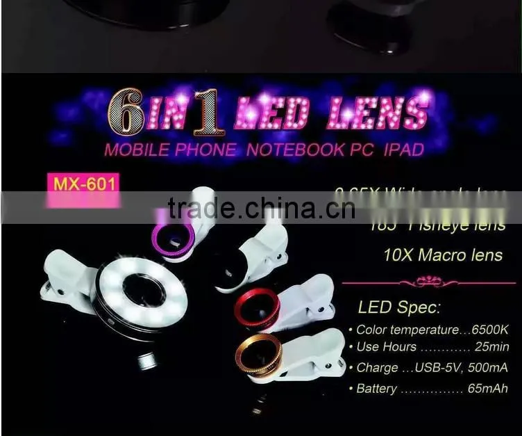 12 LED Camera Flash Fill Light 6 in 1 USB Selfie LED Spotlight for smartphone with fish eye lens wide angle lens microspur lens