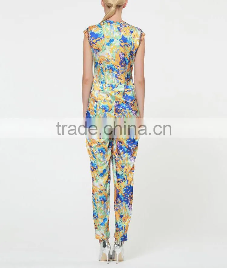 Wholesale fantasy print capri woman sleeveless long jumpsuits for summer