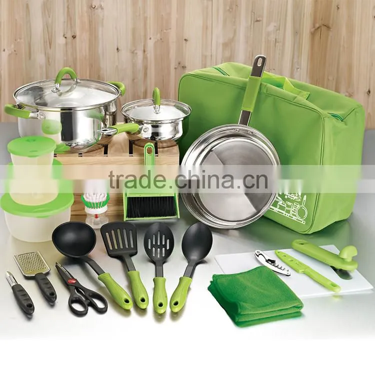 23 pcs silicone handle stainless steel non stick camping cookware kitchen set