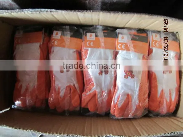 13G White Seamless Nylon Gloves With Orange Latex Foam Plam Coated Safety Gloves