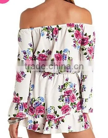 Women Sexy Illusion Ruffle Romper Long Sleeve Short Floral Off The Shoulder playsuit