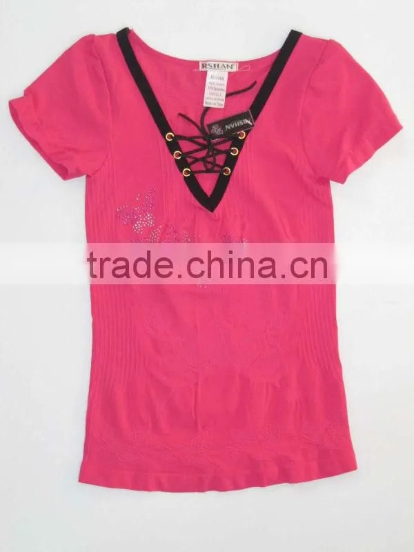 Seamless Solid Plain V Neck Short Sleeve T Shirt