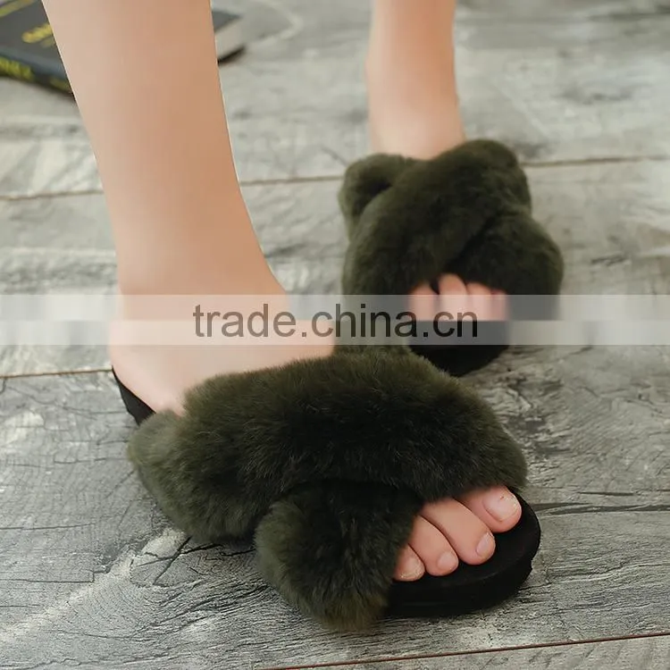 2017 Fashion brand Woman Real Rabbit Fur Slides Soft Furry Slipper Women Flat Heel Platform Sandals Slipony Slip Fslipper-9