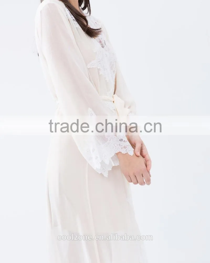 Sexy relaxed fit tie-up front sheer lace bath robe for women
