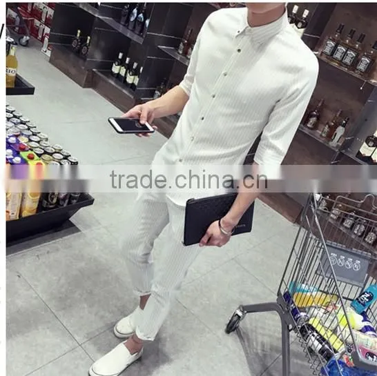 Sleeve in the small square collar stripe shirts